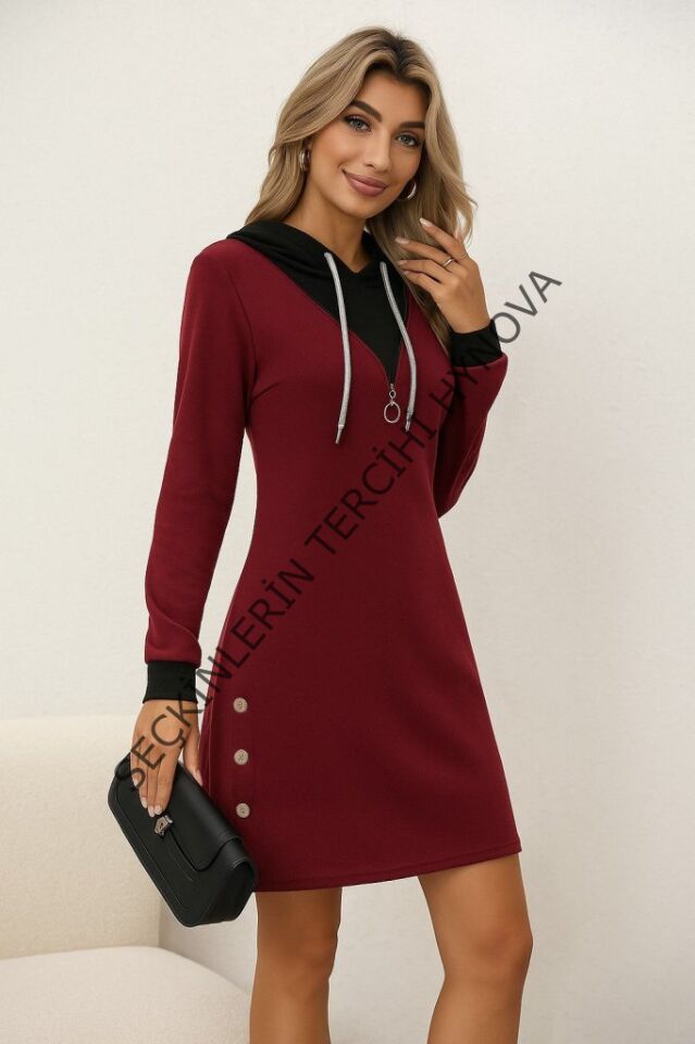 Kadın Uzun Kollu Kapşonlu önden Fermuarlı Düğmeli Mini Iki Iplik Elbise