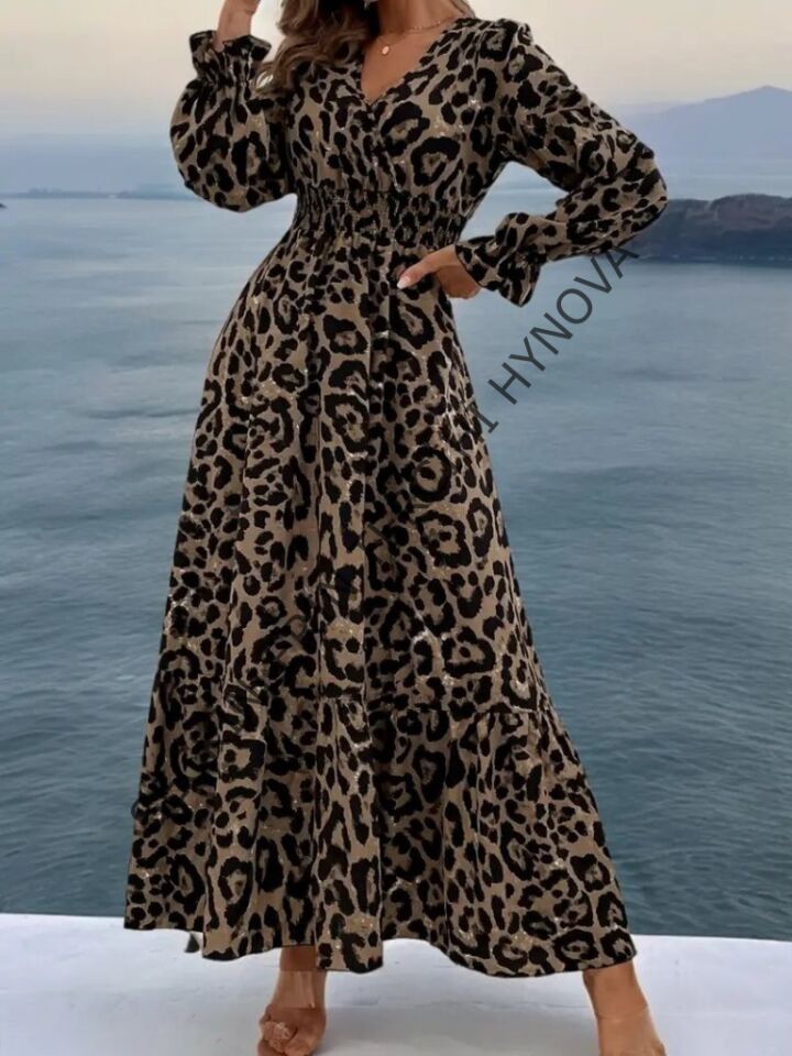 Kadın Uzun Kollu Kruvaze Yaka Leopar Desenli Uzun Süprem Elbise