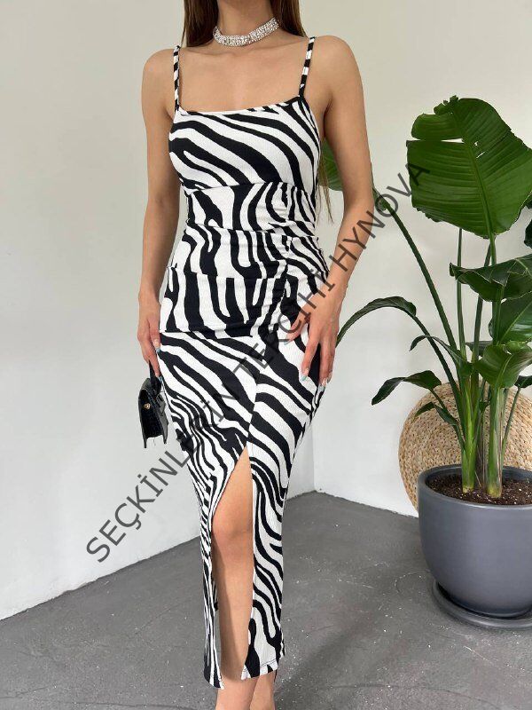 Kadın Zebra Baskılı Omuz Askılı Sırt Dekolteli Yırtmaç Detay Elbise