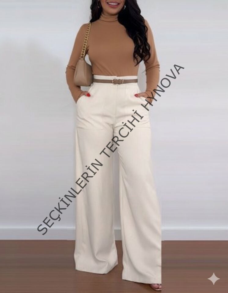 Kadın Yüksek Bel Geniş Paça Detaylı Cepli Ithal Krep Pantolon
