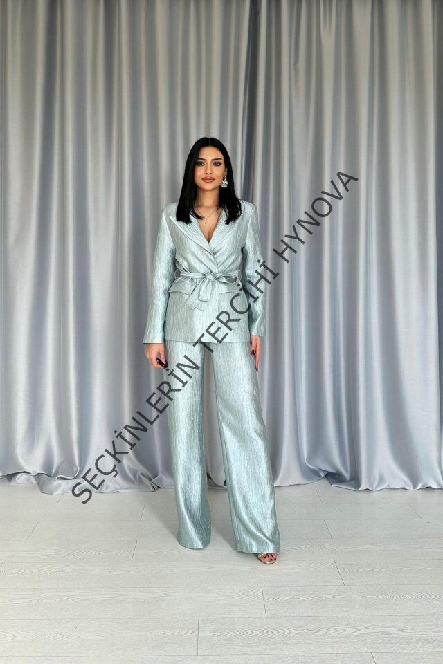 Mint Beli Kuşaklı Ceket Ve Pantolon Parlak Takım