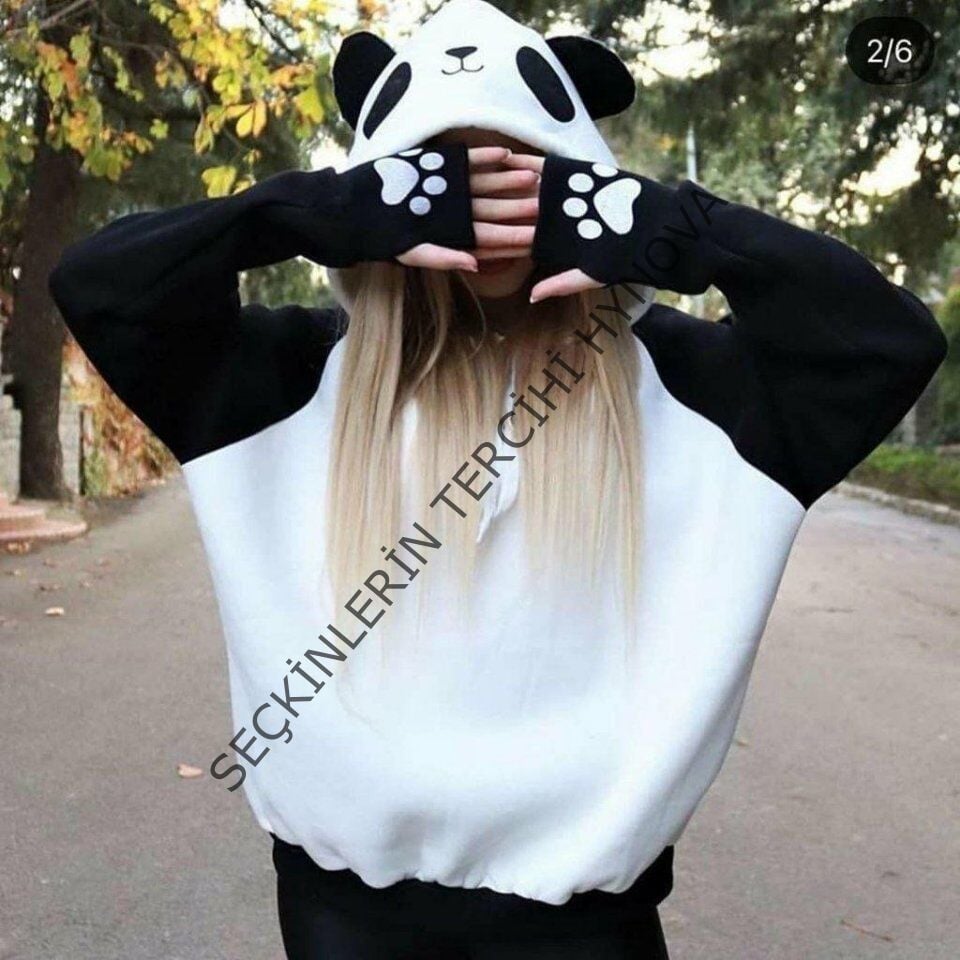 Kadın Panda üç Iplik Kumaş Kapüşonlu Polar Sweat 65 Cm