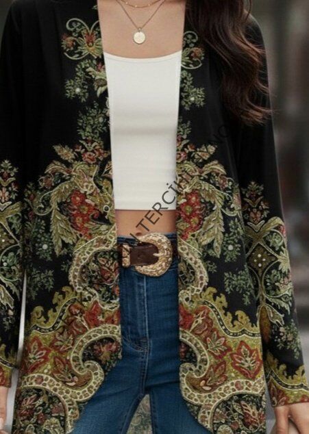 Kadın Uzun Kollu önü Açık Desenli şardonlu Dalgıç Ceket