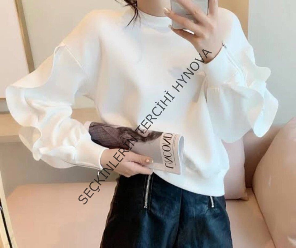 Kadın Bisiklet Yaka Kolları Volan Detay üç Iplik Kumaş Sweat