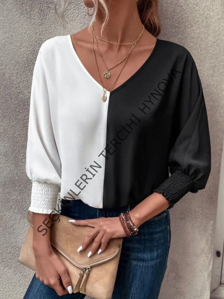 Kadın Uzun Kollu V Yaka Kol Ağzı Gipeli Sandy Bluz