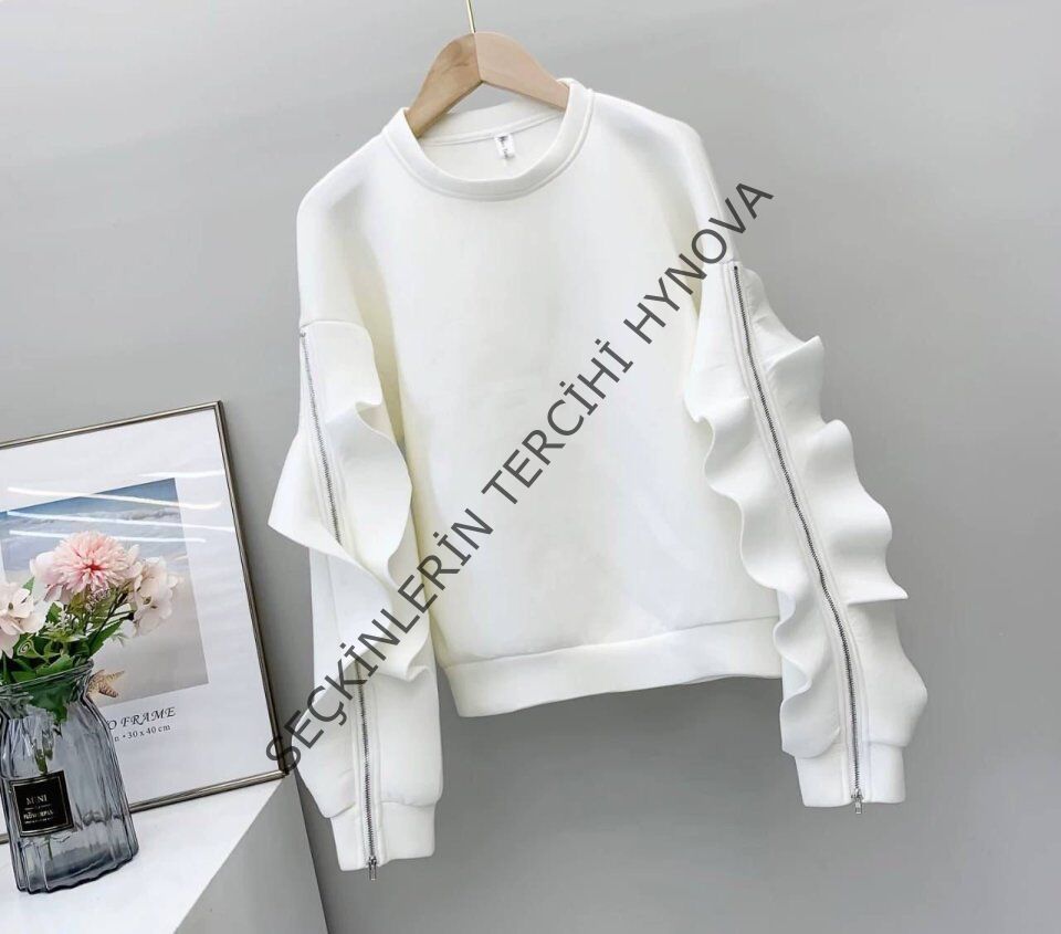 Kadın Bisiklet Yaka Kolları Volan Detay üç Iplik Kumaş Sweat