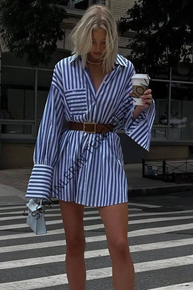 Kadın Gömlek -elbise çizgili Desen