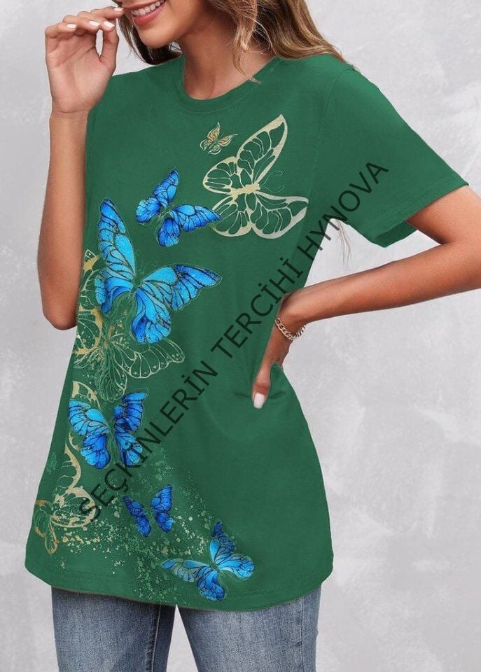 Kadın Kısa Kollu Mavi Sarı Kelebek Baskı Süprem T-shirt