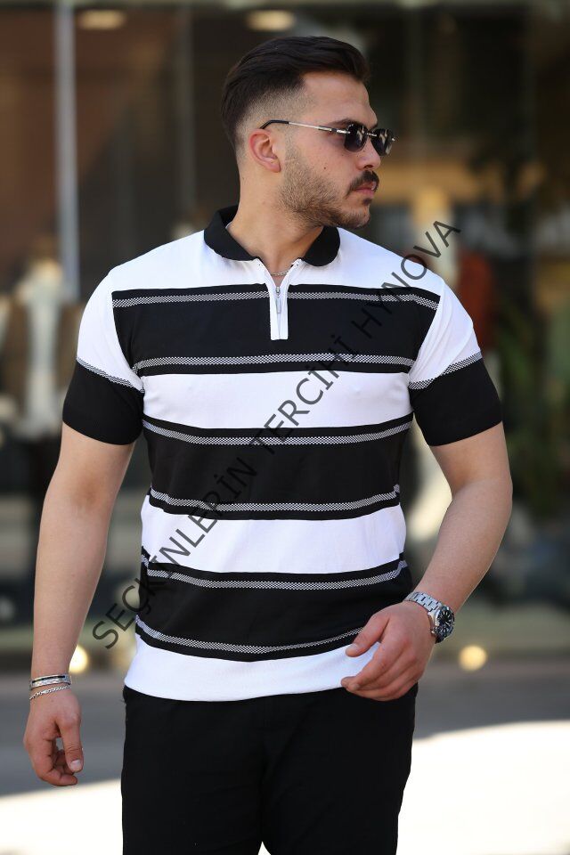 Erkek Yakalı Fermuarlı çift Renk Kısa Kollu T-shirt