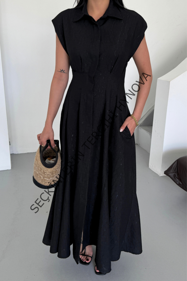 JAKARLI KETEN ELBİSE ÖNDEN YIRTMAÇLI CEPLİ - Siyah