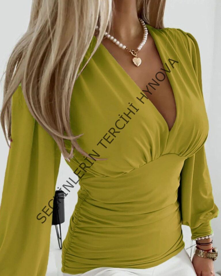 Kadın Uzun Kollu Derin V Yakalı önden Büzgülü Sandy Bluz