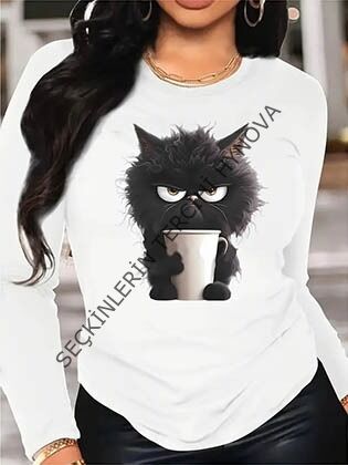 Kadın Uzun Kollu Bisiklet Yaka Baskılı Viskon Bluz