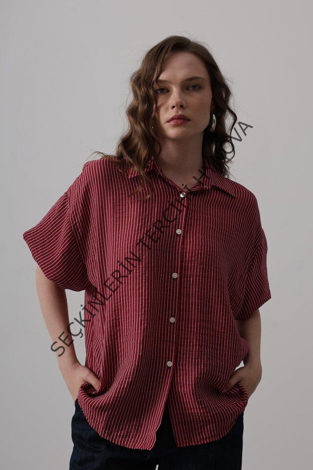 Yarım Balon Kol Çizgili Gömlek - Bordo
