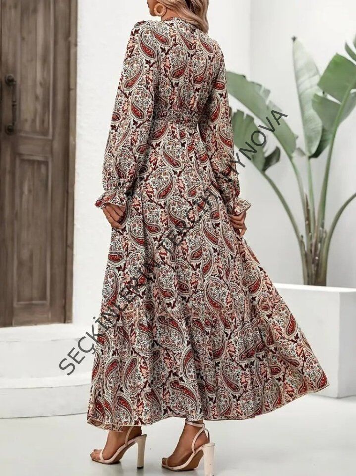Kadın Uzun Kollu V Yakalı Beli Lastikli Desenli Süprem Elbise