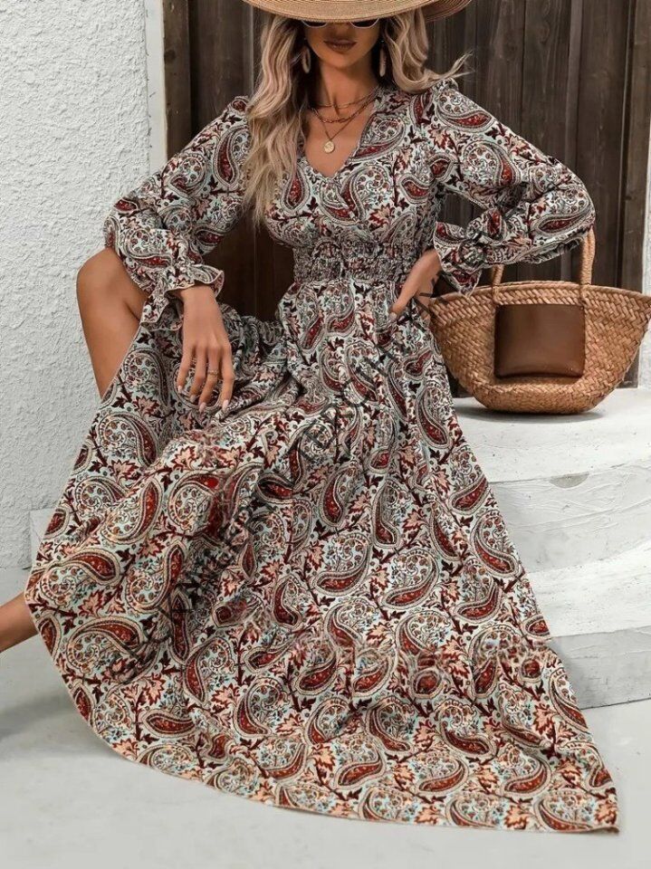 Kadın Uzun Kollu V Yakalı Beli Lastikli Desenli Süprem Elbise