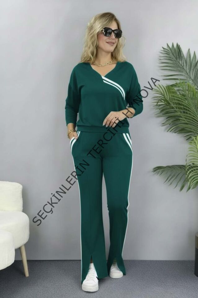 Kadın Uzun Kollu V Yakalı şerit Detaylı Viskon Iki Iplik Bluz Ve Pantolon Ikili Takım