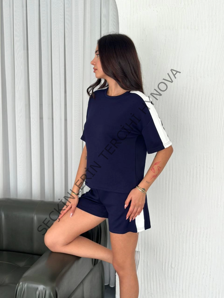 Osy Modal Yumuşak Dokulu Kumaş Parçalı Bisiklet Yaka T-shirt Kısa Şort İkili Takım - Mavi