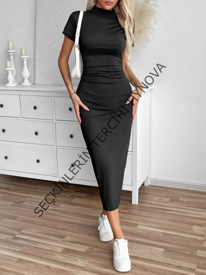 Kadın Yarı Balıkçı Yaka Yırtmaçlı Dalgıç Midi Elbise