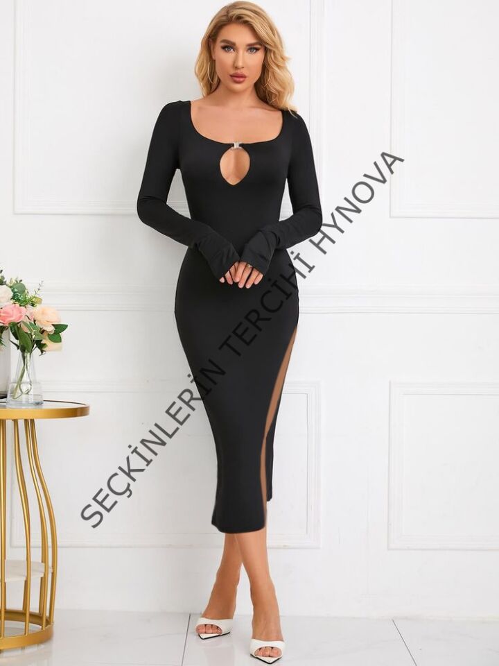 Kadın Uzun Kollu Yaka Damla Detay Mini Aksesuarlı Yırtmaç Detay Krep Elbise