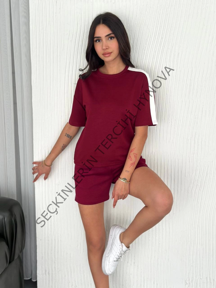 Osy Modal Yumuşak Dokulu Kumaş Parçalı Bisiklet Yaka T-shirt Kısa Şort İkili Takım -  Bordo