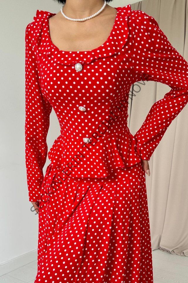Kırmızı Puantiye Desenli Volanlı Elbise