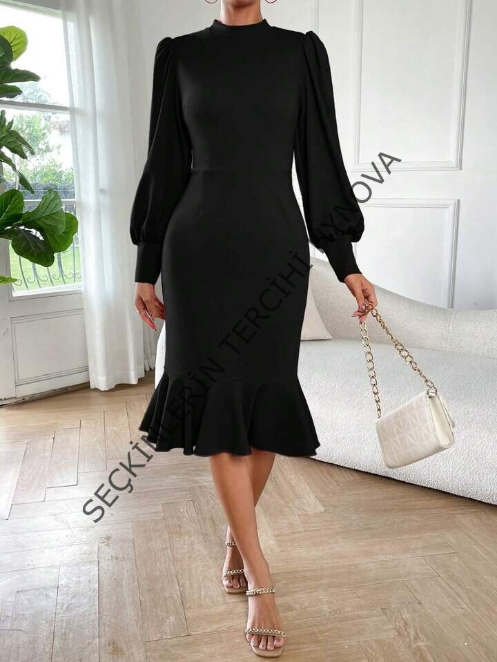Kadın Uzun Kollu Yarı Balıkçı Yaka Etek Ucu Fırfır Detaylı Midi Ithal Krep Elbise