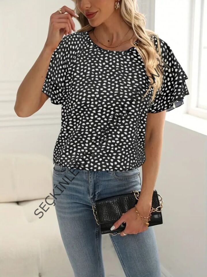 Kadın Kısa Kollu Kolları Volanlı Baskılı Süprem Bluz