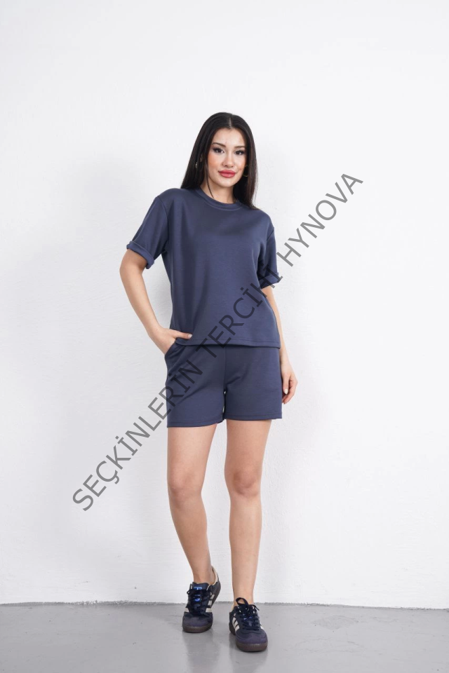 Osy Modal Yumuşak Dokulu Kumaş Bisiklet Yaka T-shirt Kısa Şort İkili Takım - Antrasit