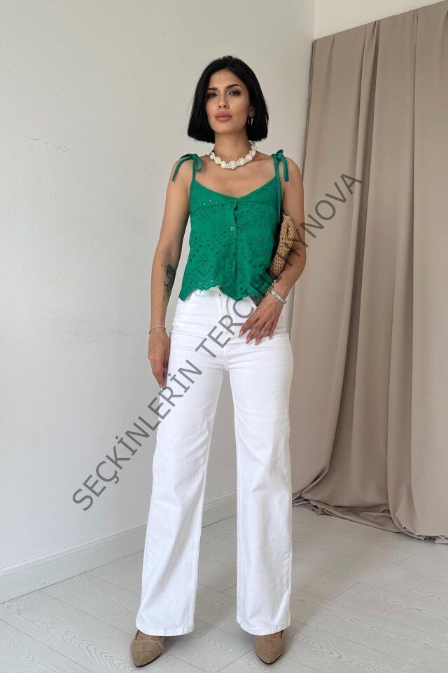 Yeşil Bağcıklı Brode Bluz