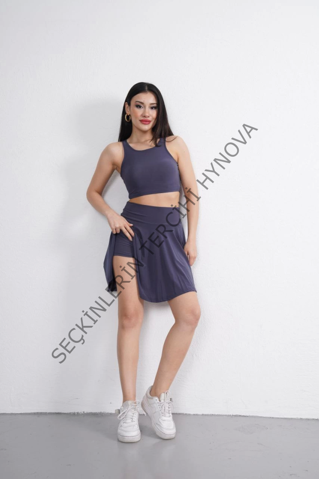 Sendy Kumaş Bisiklet Yaka Crop Şortlu Etek Ikili Takım - Antrasit