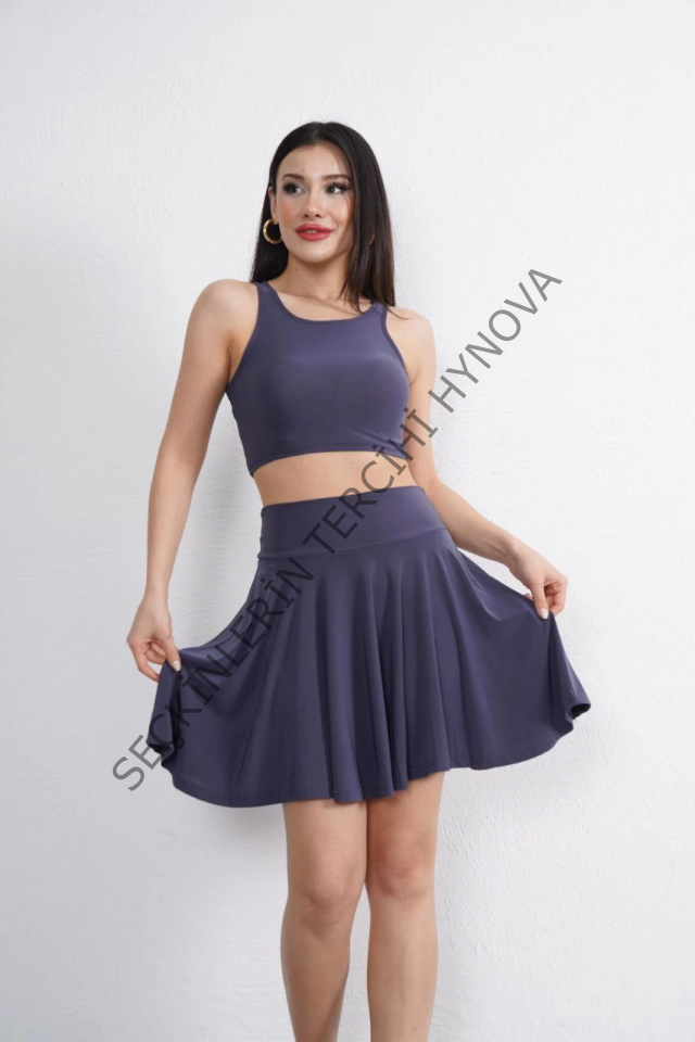 Sendy Kumaş Bisiklet Yaka Crop Şortlu Etek Ikili Takım - Antrasit