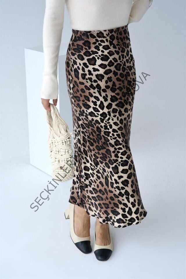 Midi Saten Etek - Leopar