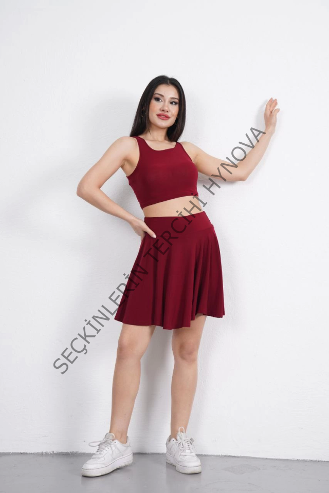 Sendy Kumaş Bisiklet Yaka Crop Şortlu Etek Ikili Takım - Bordo