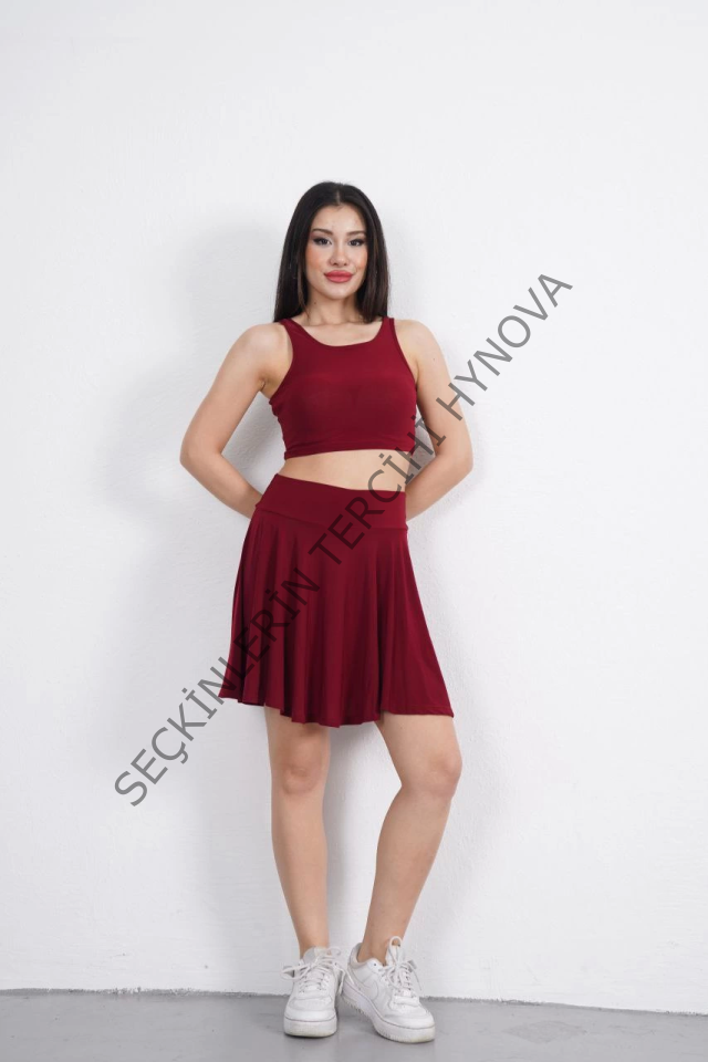 Sendy Kumaş Bisiklet Yaka Crop Şortlu Etek Ikili Takım - Bordo