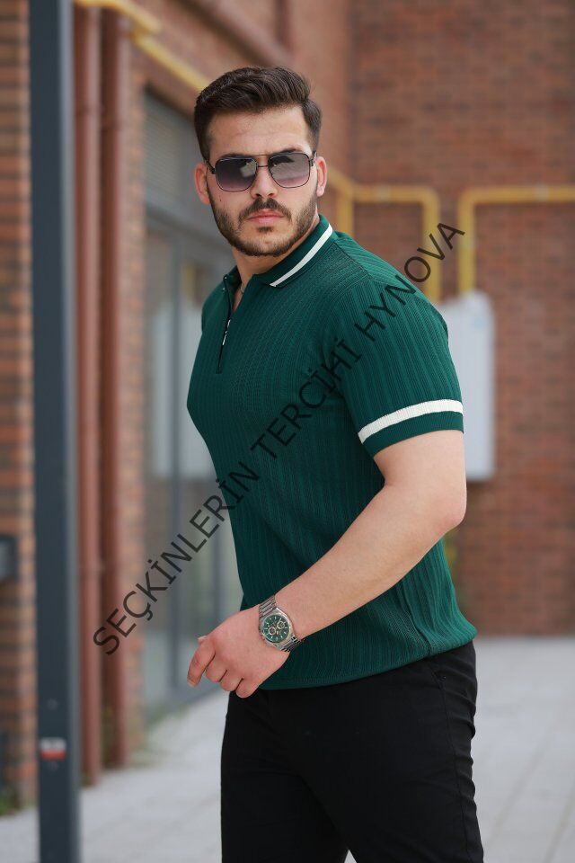 Erkek Yaka Ve Kolları çizgi Detaylı Fermuarlı Kısa Kollu T-shirt