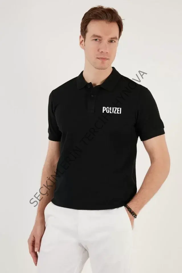 Yakası Düğmeli Yakalı Pike Baskılı T-Shirt - Siyah