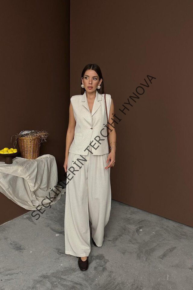 Bej Keten Yelek Pantolon Takım
