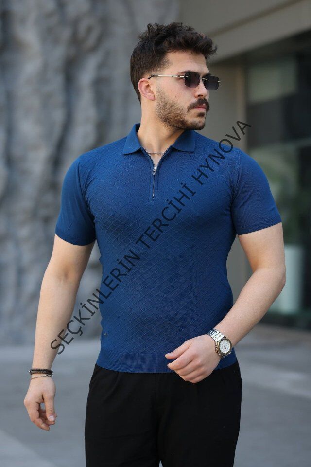 Erkek Viskon Kumaş Polo Yaka Desenli Tişört
