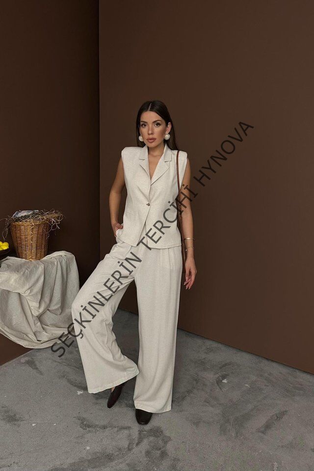 Bej Keten Yelek Pantolon Takım
