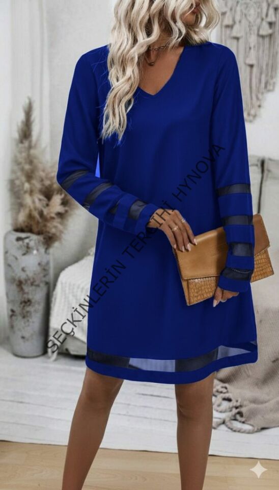 Kadın Uzun Kollu V Yakalı Tül şerit Detaylı Mini Krep Elbise