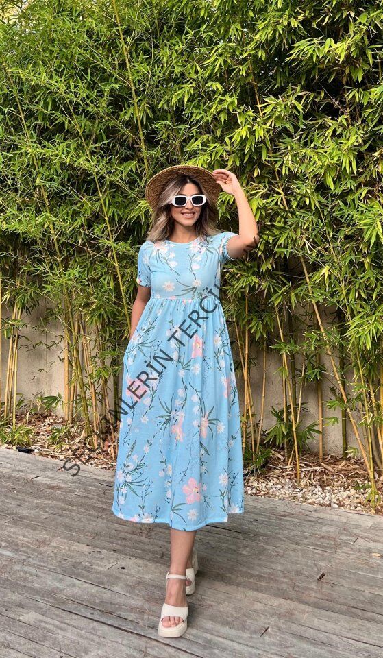 Kadın Kısa Kollu çiçek Baskı Midi Boy Süprem Elbise