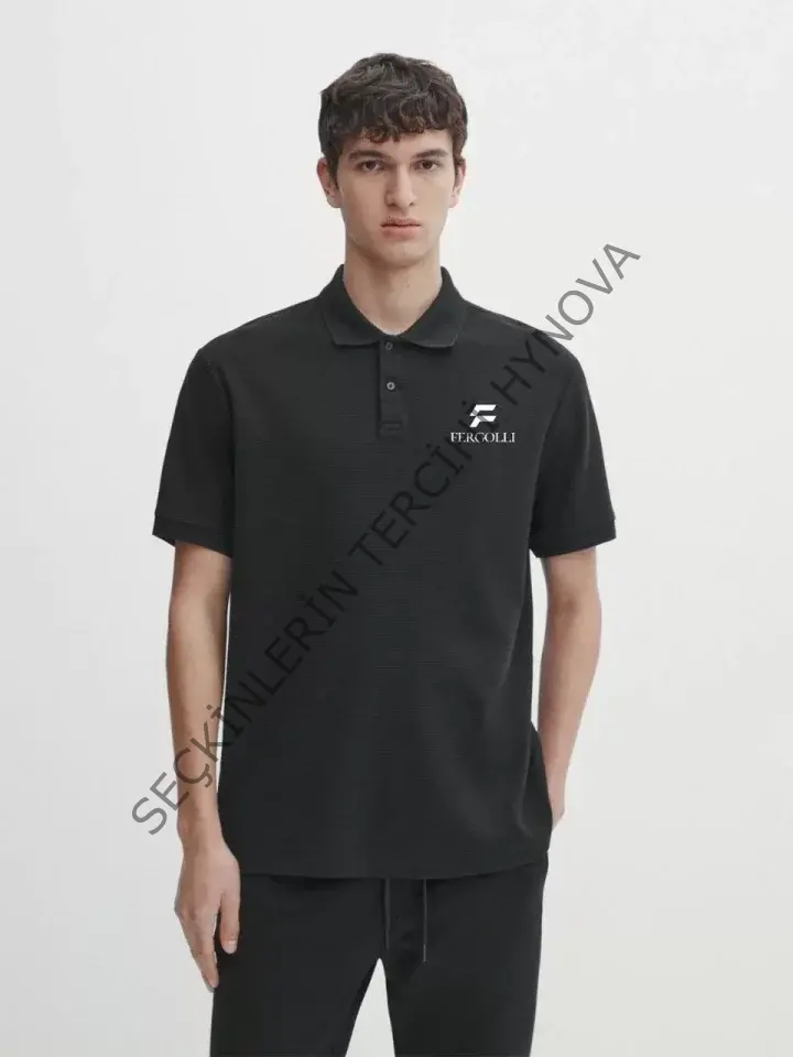 Yakası Düğmeli Yakalı Pike Baskılı T-Shirt - Beyaz