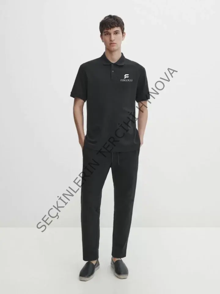 Yakası Düğmeli Yakalı Pike Baskılı T-Shirt - Beyaz