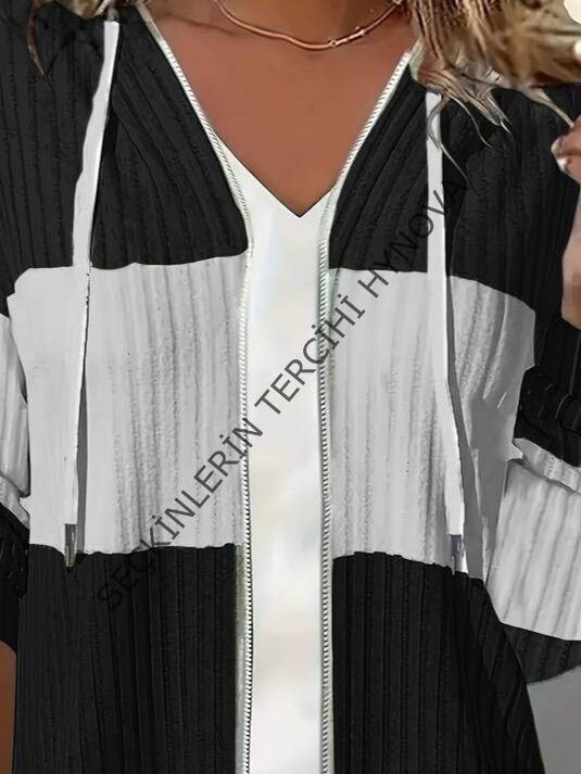 Kadın Uzun Kollu Kapşonlu önden Fermuarlı Blok Desenli şardonlu Kaşkorse Ceket