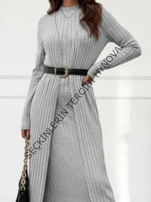 Kadın Uzun Kollu Yarı Balıkçı Yaka şardonlu Kaşkorse Elbise Ve Uzun Hırka Ikili Takım