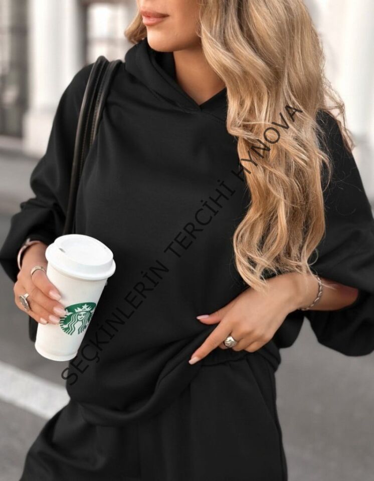 Kadın Uzun Kollu Kapşonlu Viskon Iki Iplik Bluz Ve Pantolon Ikili Takım