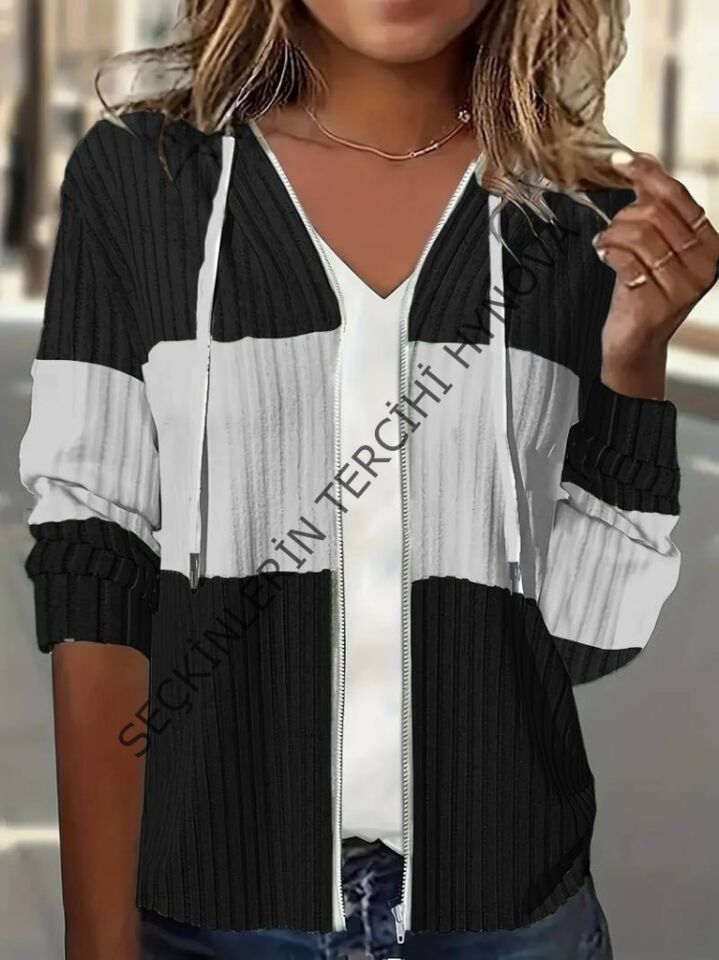 Kadın Uzun Kollu Kapşonlu önden Fermuarlı Blok Desenli şardonlu Kaşkorse Ceket