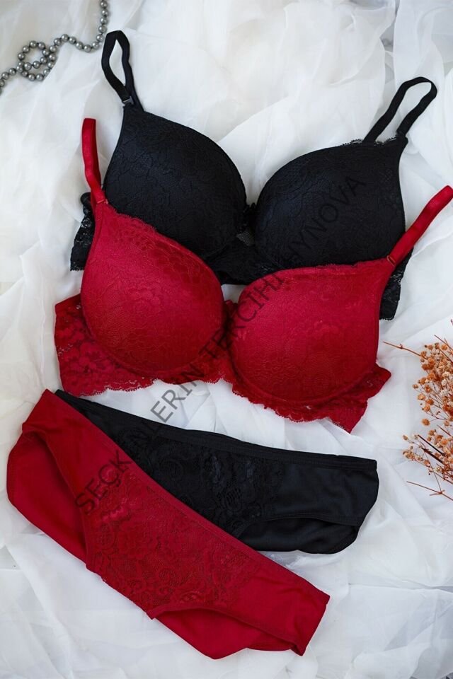 Kadın Siyah Ve Kırmızı Dolgulu Balenli Sütyen Külot 2'li Paket – Modern ve Şık Tasarım