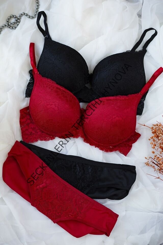 Kadın Siyah Ve Kırmızı Dolgulu Balenli Sütyen Külot 2'li Paket – Modern ve Şık Tasarım