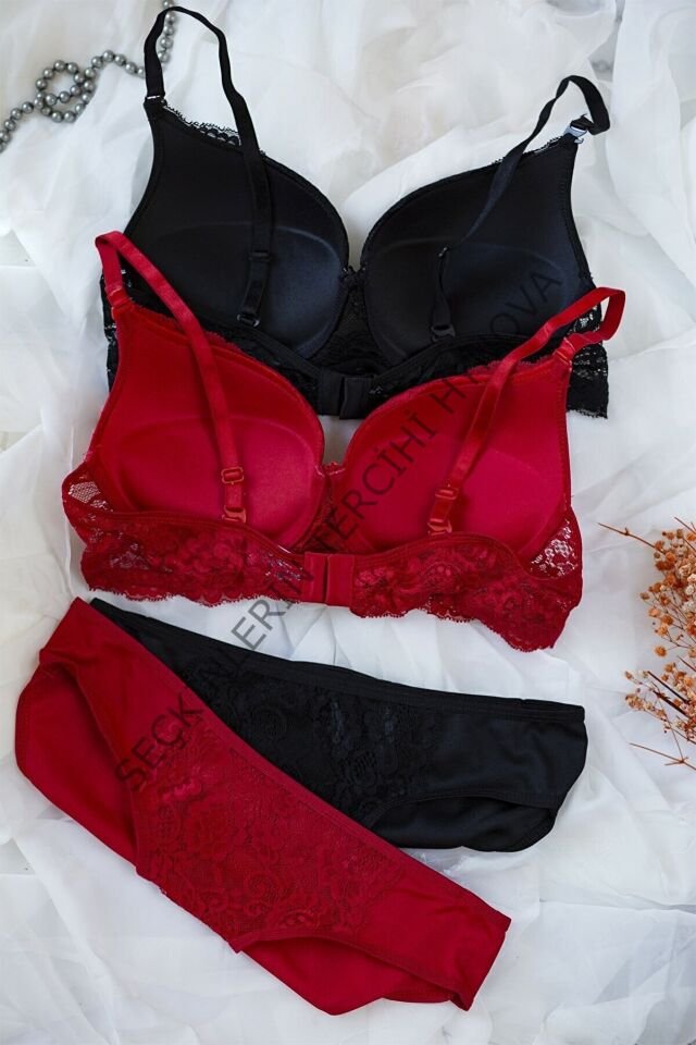 Kadın Siyah Ve Kırmızı Dolgulu Balenli Sütyen Külot 2'li Paket – Modern ve Şık Tasarım